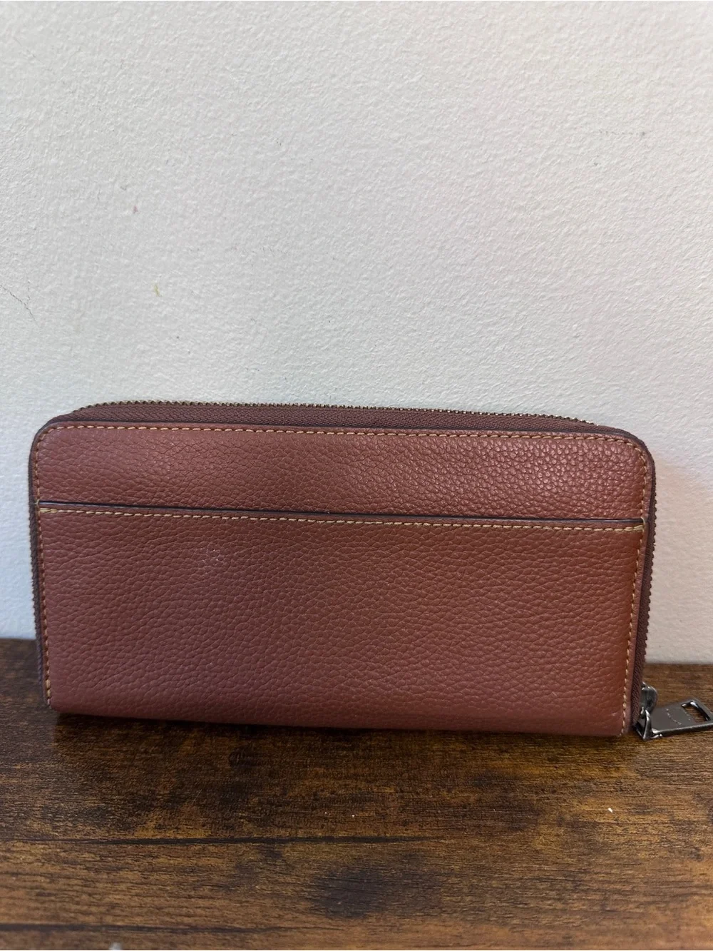 Coach F24648 Accordion Zip Around Long Wallet Brown Saddle Pebbled Leather Logo